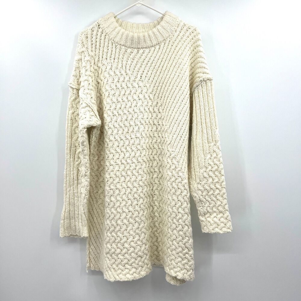 We The Free People Cream Cable Knit Oversized Tunic Sweater Dress Womens M